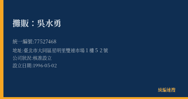 攤販:吳水勇的照片-統編 77527468(臺北市) 公司登記資料與營業項目詳細圖表