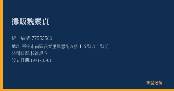 攤販魏素貞的照片-統編 77555560(臺中市) 公司登記資料與營業項目詳細圖表