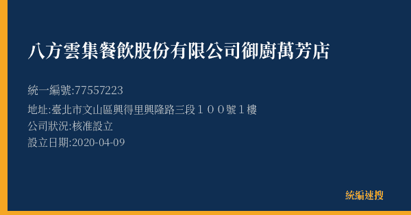 八方雲集餐飲股份有限公司御廚萬芳店的照片-統編 77557223(臺北市) 公司登記資料與營業項目詳細圖表