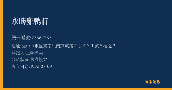 永勝雞鴨行的照片-統編 77567257(臺中市) 公司登記資料與營業項目詳細圖表