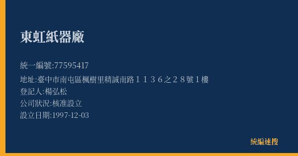 東虹紙器廠的照片-統編 77595417(臺中市) 公司登記資料與營業項目詳細圖表