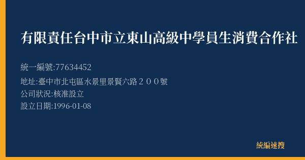 有限責任台中市立東山高級中學員生消費合作社的照片-統編 77634452(臺中市) 公司登記資料與營業項目詳細圖表