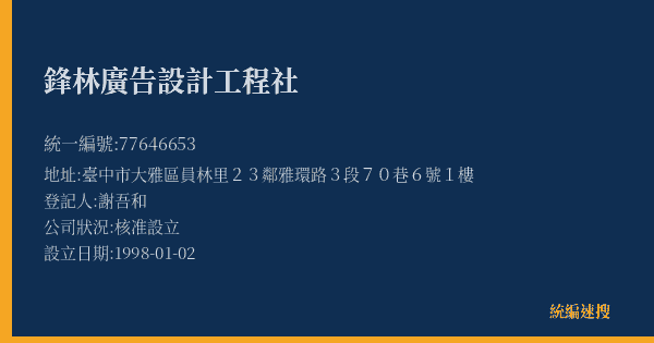 鋒林廣告設計工程社的照片-統編 77646653(臺中市) 公司登記資料與營業項目詳細圖表