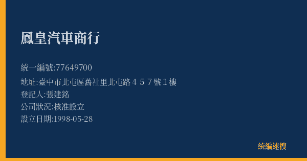鳳皇汽車商行的照片-統編 77649700(臺中市) 公司登記資料與營業項目詳細圖表