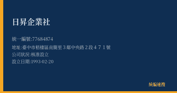 日昇企業社的照片-統編 77684874(臺中市) 公司登記資料與營業項目詳細圖表