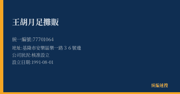 王胡月足攤販的照片-統編 77701064(基隆市) 公司登記資料與營業項目詳細圖表