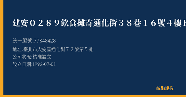 建安0289飲食攤寄通化街38巷16號4樓B室的照片-統編 77848428(臺北市) 公司登記資料與營業項目詳細圖表