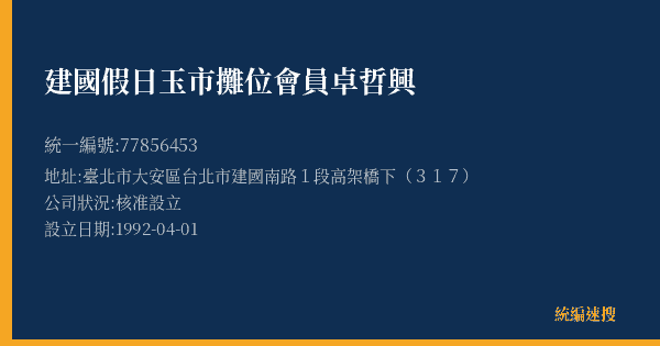 建國假日玉市攤位會員卓哲興的照片-統編 77856453(臺北市) 公司登記資料與營業項目詳細圖表