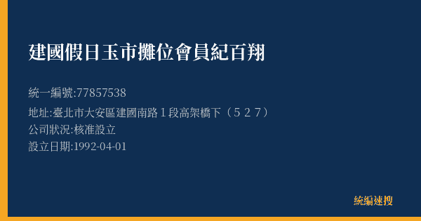 建國假日玉市攤位會員紀百翔的照片-統編 77857538(臺北市) 公司登記資料與營業項目詳細圖表