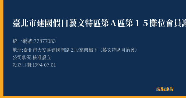 臺北市建國假日藝文特區第A區第15攤位會員謝建城的照片-統編 77877083(臺北市) 公司登記資料與營業項目詳細圖表