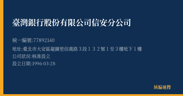 臺灣銀行股份有限公司信安分公司的照片-統編 77892140(臺北市) 公司登記資料與營業項目詳細圖表