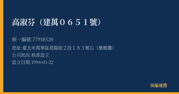 高淑芬(建萬0651號)的照片-統編 77918520(臺北市) 公司登記資料與營業項目詳細圖表