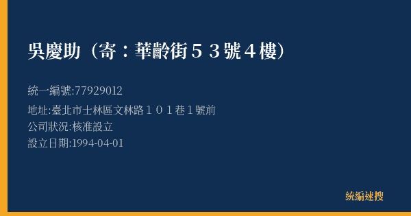 吳慶助(寄:華齡街53號4樓)的照片-統編 77929012(臺北市) 公司登記資料與營業項目詳細圖表