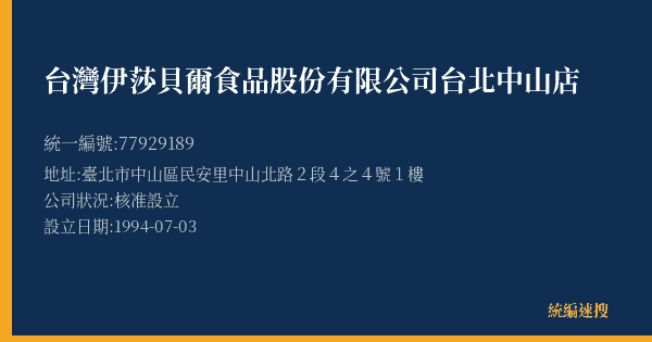 台灣伊莎貝爾食品股份有限公司台北中山店的照片-統編 77929189(臺北市) 公司登記資料與營業項目詳細圖表
