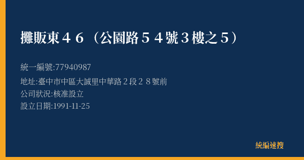 攤販東46(公園路54號3樓之5)的照片-統編 77940987(臺中市) 公司登記資料與營業項目詳細圖表