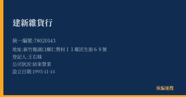建新雜貨行的照片-統編 78020143(新竹縣) 公司登記資料與營業項目詳細圖表
