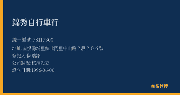 錦秀自行車行的照片-統編 78117300(南投縣) 公司登記資料與營業項目詳細圖表