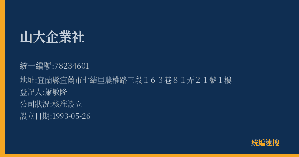 山大企業社的照片-統編 78234601(宜蘭縣) 公司登記資料與營業項目詳細圖表