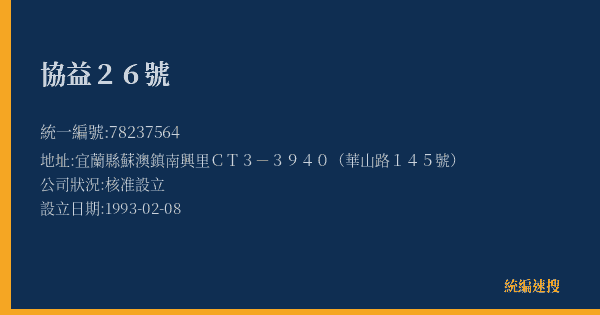 協益26號的照片-統編 78237564(宜蘭縣) 公司登記資料與營業項目詳細圖表