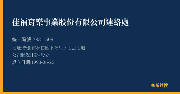 佳福育樂事業股份有限公司連絡處的照片-統編 78311509(新北市) 公司登記資料與營業項目詳細圖表