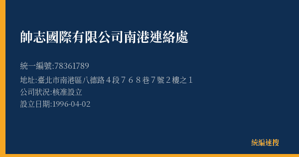 帥志國際有限公司南港連絡處的照片-統編 78361789(臺北市) 公司登記資料與營業項目詳細圖表