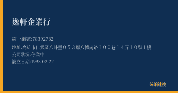 逸軒企業行的照片-統編 78392782(高雄市) 公司登記資料與營業項目詳細圖表