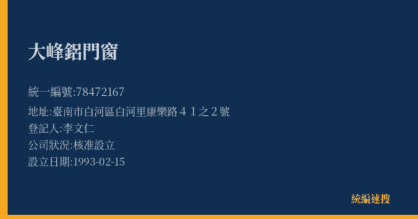 大峰鋁門窗的照片-統編 78472167(臺南市) 公司登記資料與營業項目詳細圖表