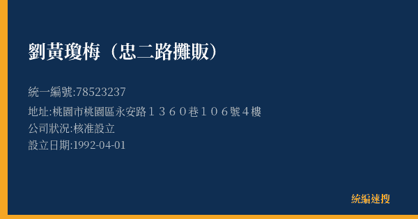 劉黃瓊梅(忠二路攤販)的照片-統編 78523237(桃園市) 公司登記資料與營業項目詳細圖表