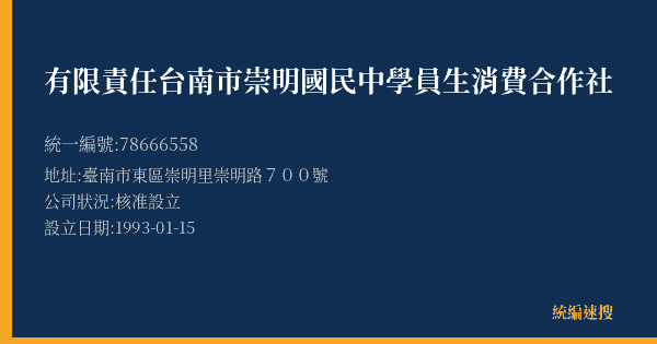 有限責任台南市崇明國民中學員生消費合作社的照片-統編 78666558(臺南市) 公司登記資料與營業項目詳細圖表