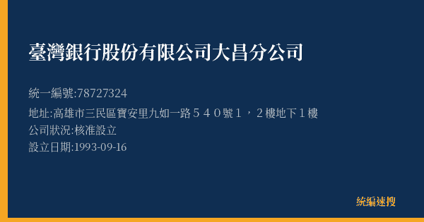 臺灣銀行股份有限公司大昌分公司的照片-統編 78727324(高雄市) 公司登記資料與營業項目詳細圖表