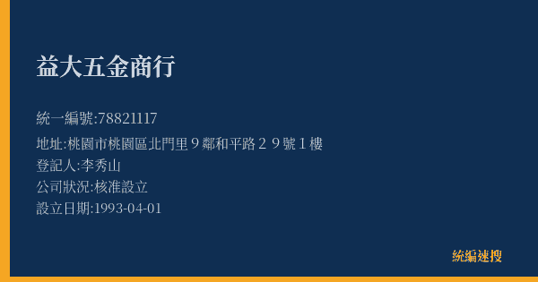 益大五金商行的照片-統編 78821117(桃園市) 公司登記資料與營業項目詳細圖表