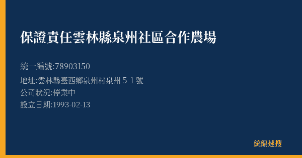 保證責任雲林縣泉州社區合作農場的照片-統編 78903150(雲林縣) 公司登記資料與營業項目詳細圖表