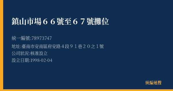 鎮山市場66號至67號攤位的照片-統編 78973747(臺南市) 公司登記資料與營業項目詳細圖表