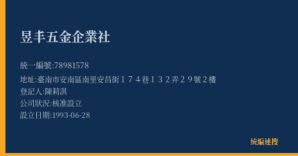 昱丰五金企業社的照片-統編 78981578(臺南市) 公司登記資料與營業項目詳細圖表