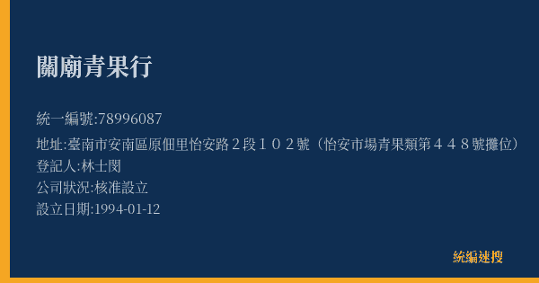 關廟青果行的照片-統編 78996087(臺南市) 公司登記資料與營業項目詳細圖表