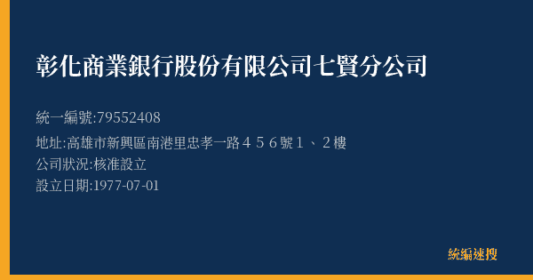 彰化商業銀行股份有限公司七賢分公司的照片-統編 79552408(高雄市) 公司登記資料與營業項目詳細圖表