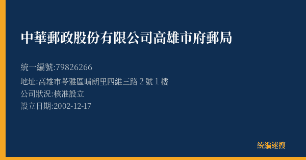 中華郵政股份有限公司高雄市府郵局的照片-統編 79826266(高雄市) 公司登記資料與營業項目詳細圖表