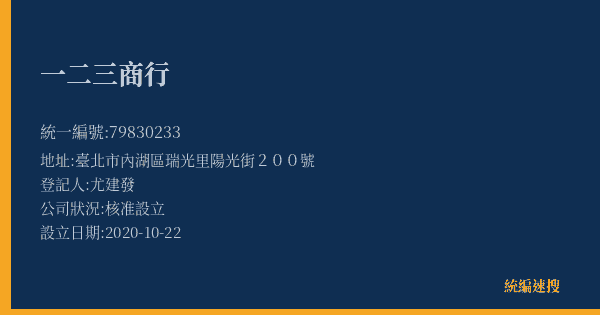 一二三商行的照片-統編 79830233(臺北市) 公司登記資料與營業項目詳細圖表