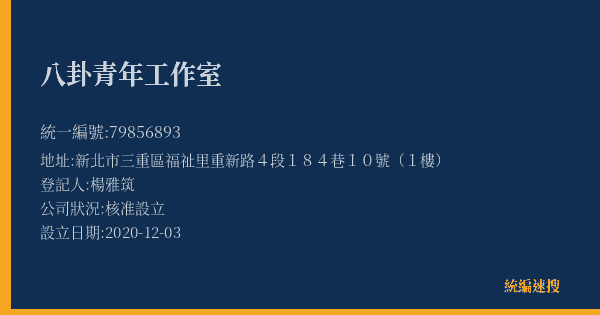 八卦青年工作室的照片-統編 79856893(新北市) 公司登記資料與營業項目詳細圖表