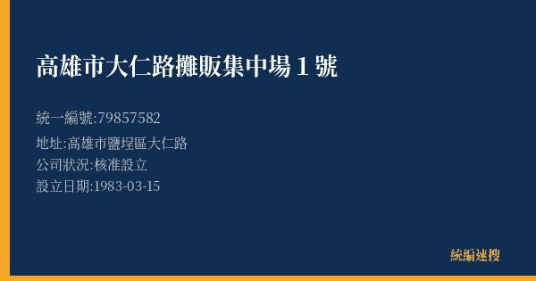 高雄市大仁路攤販集中場1號的照片-統編 79857582(高雄市) 公司登記資料與營業項目詳細圖表
