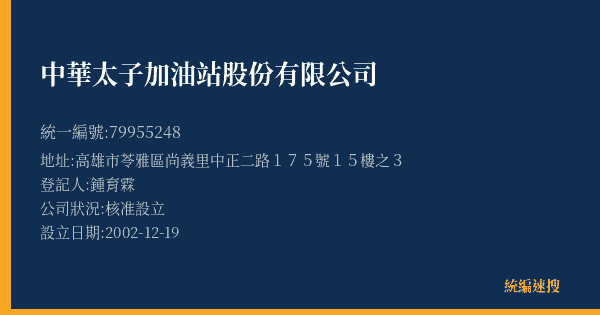 中華太子加油站股份有限公司的照片-統編 79955248(高雄市) 公司登記資料與營業項目詳細圖表