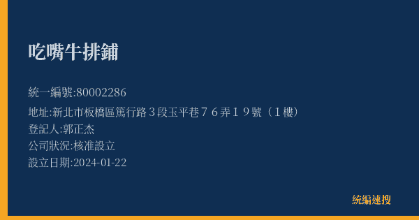 吃嘴牛排鋪的照片-統編 80002286(新北市) 公司登記資料與營業項目詳細圖表