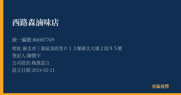 西路森滷味店的照片-統編 80007769(新北市) 公司登記資料與營業項目詳細圖表