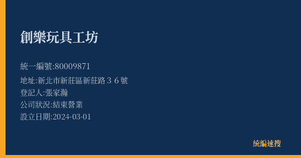 創樂玩具工坊的照片-統編 80009871(新北市) 公司登記資料與營業項目詳細圖表