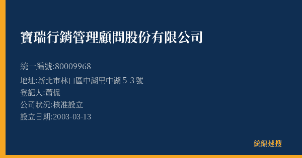 寶瑞行銷管理顧問股份有限公司的照片-統編 80009968(新北市) 公司登記資料與營業項目詳細圖表