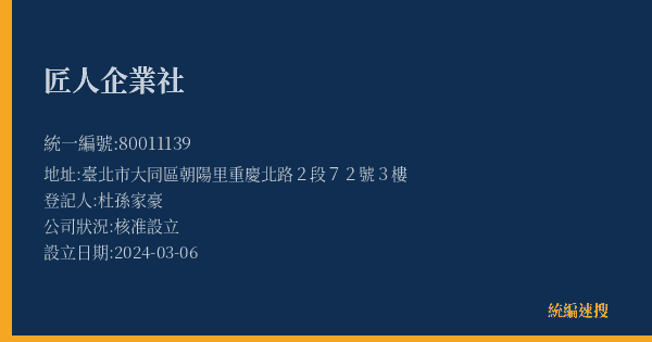 匠人企業社的照片-統編 80011139(臺北市) 公司登記資料與營業項目詳細圖表