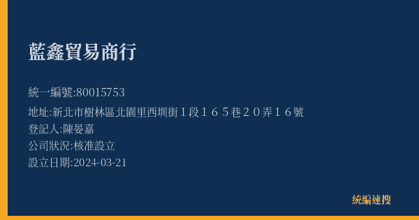 藍鑫貿易商行的照片-統編 80015753(新北市) 公司登記資料與營業項目詳細圖表
