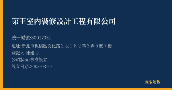 第王室內裝修設計工程有限公司的照片-統編 80017051(新北市) 公司登記資料與營業項目詳細圖表