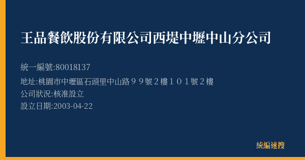 王品餐飲股份有限公司西堤中壢中山分公司的照片-統編 80018137(桃園市) 公司登記資料與營業項目詳細圖表