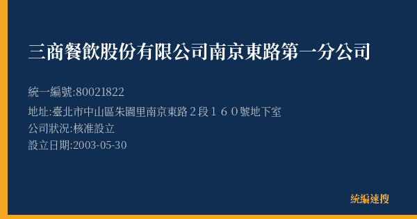 三商餐飲股份有限公司南京東路第一分公司的照片-統編 80021822(臺北市) 公司登記資料與營業項目詳細圖表